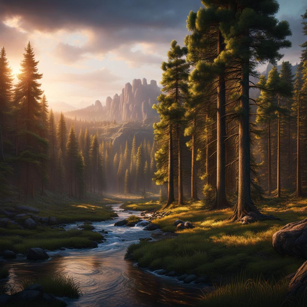 River Flowing Through Pine Forest at Evening