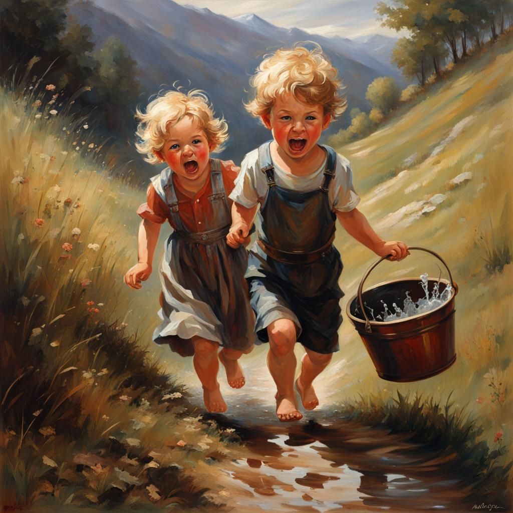 Toddlers' Gothic Misadventure as Realistic Oil Painting