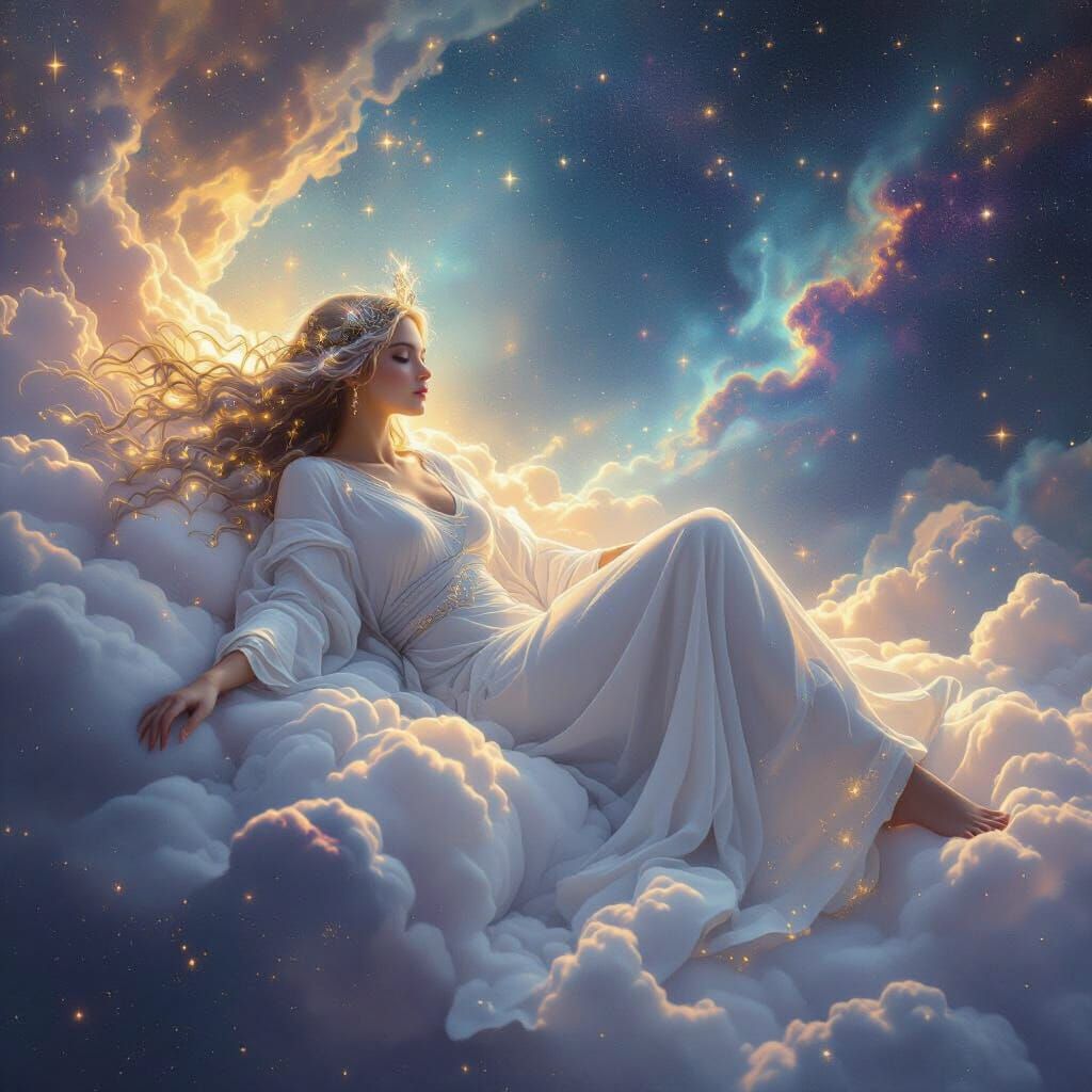 Celestial Goddess Reclining in Nebula with Flowing Stardust ...