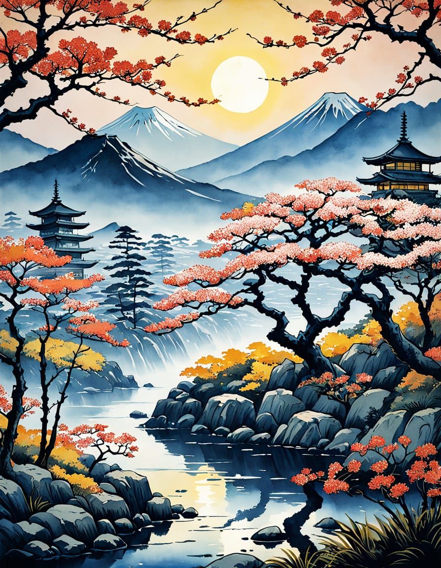Vibrant Japanese Landscape with Birds in Bloom