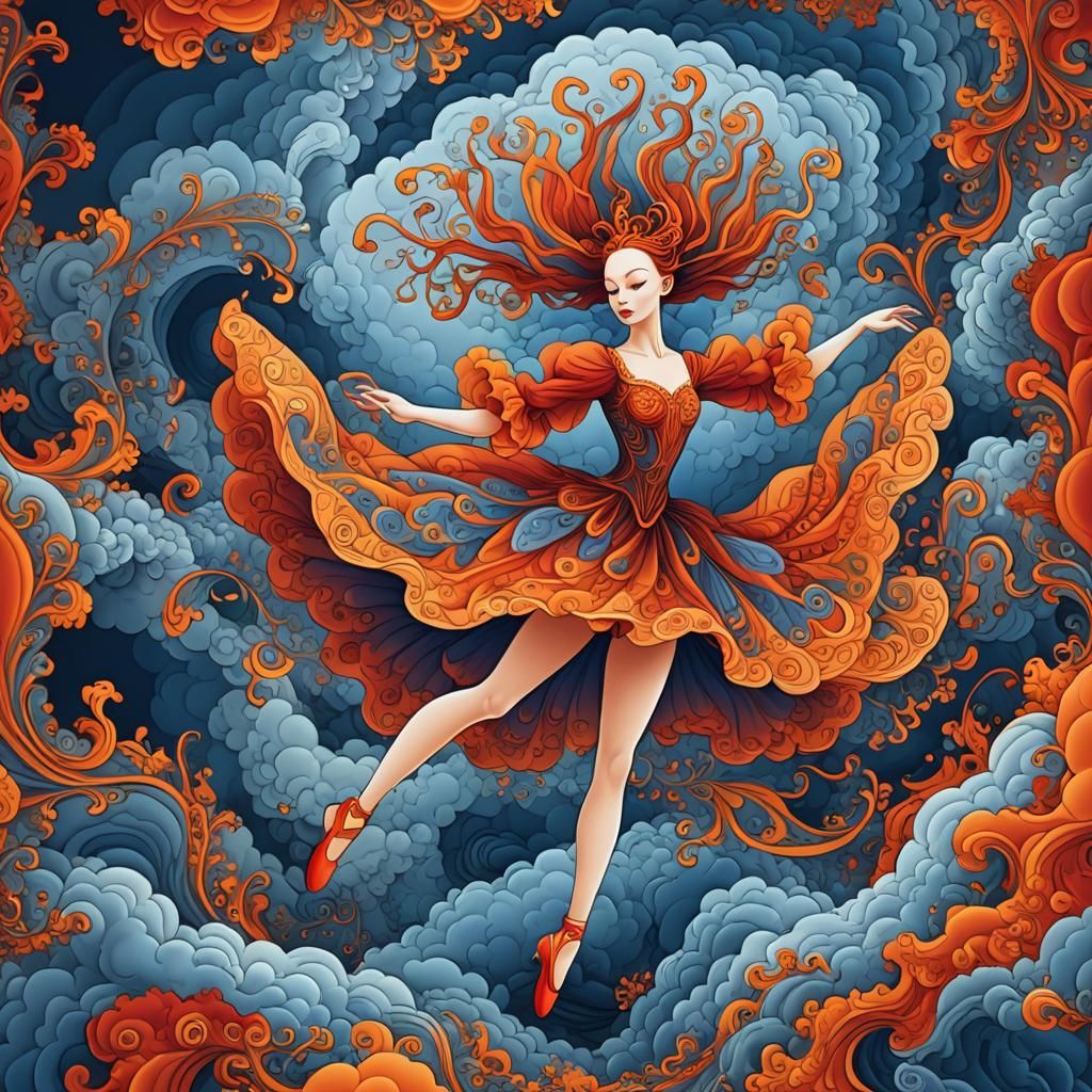 Ballerina Dancing in Blue Cloud with Fractal Elements