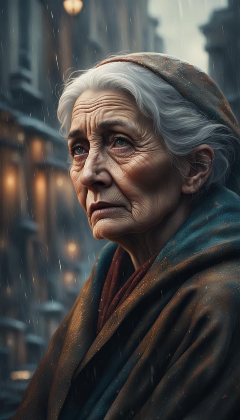 Sad Old Woman Waiting on Rainy Street
