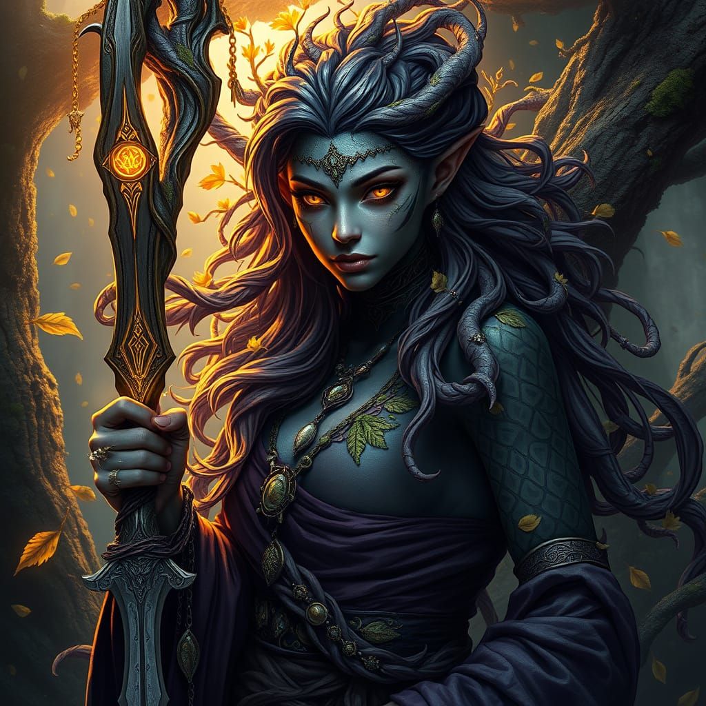 Majestic Earth Genasi Druid with Obsidian and Moss Skin