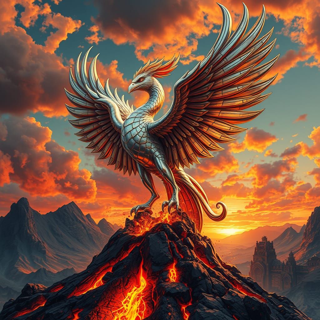 Chrome Phoenix Rising: Hyperrealistic Art Deco Design