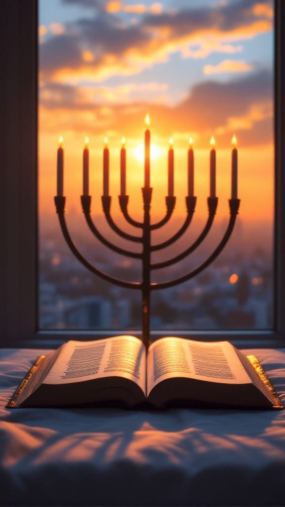 Menorah at Sunset: Mystical Scene in Chagall Style