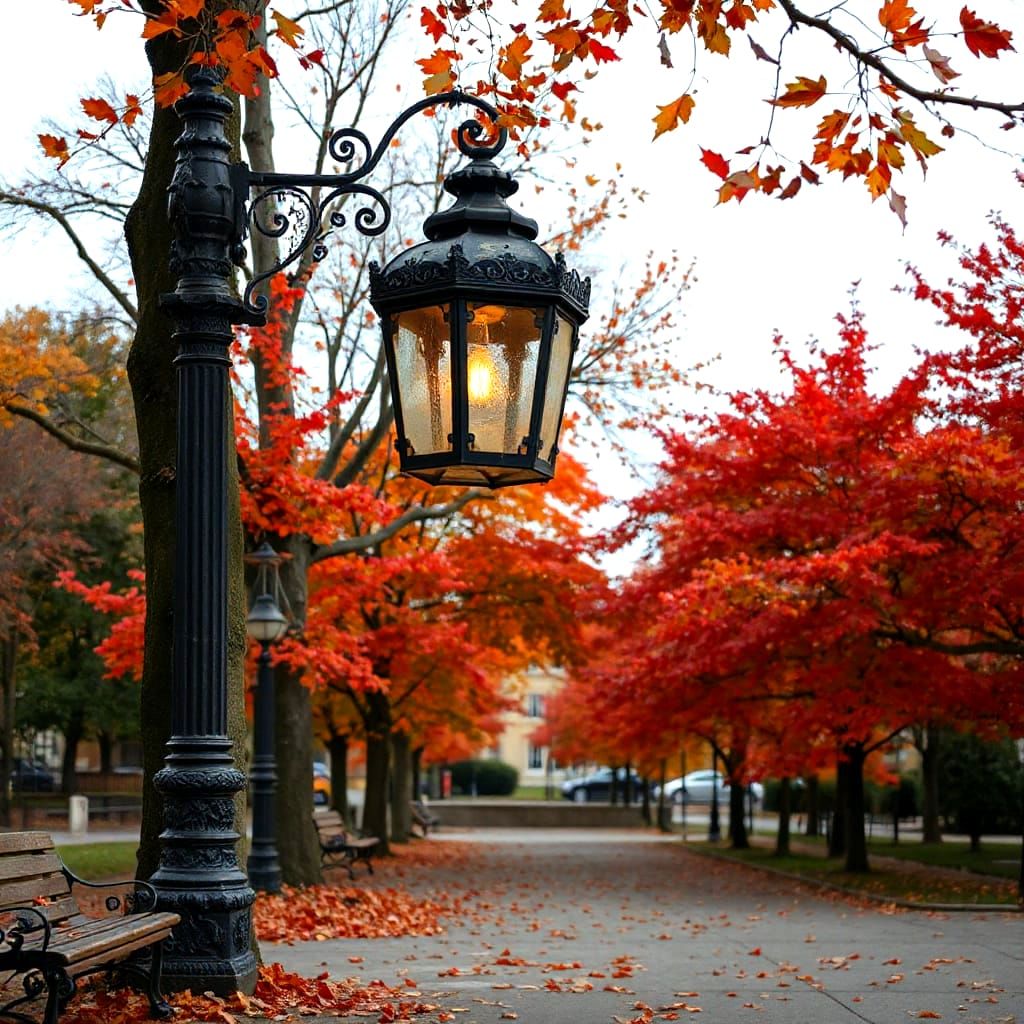 Mysterious Lamppost Illuminates Autumn Park with Swirling Le...