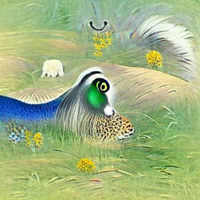 Cartoon Peacock with Polar Bear Face in Meadow
