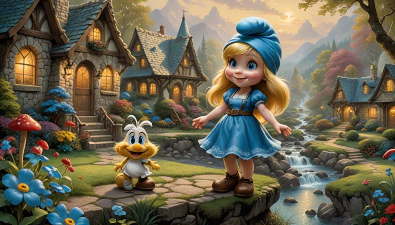 Smurfette in a Thomas Kinkade Style Landscape