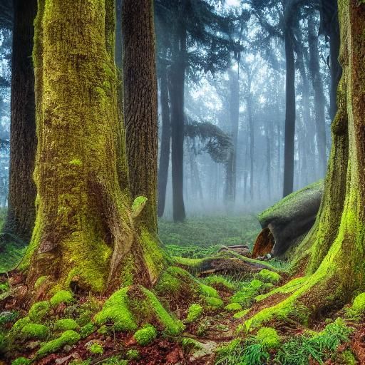 Ogre-Dwarf Hybrid in Misty Forest, Fantasy Art