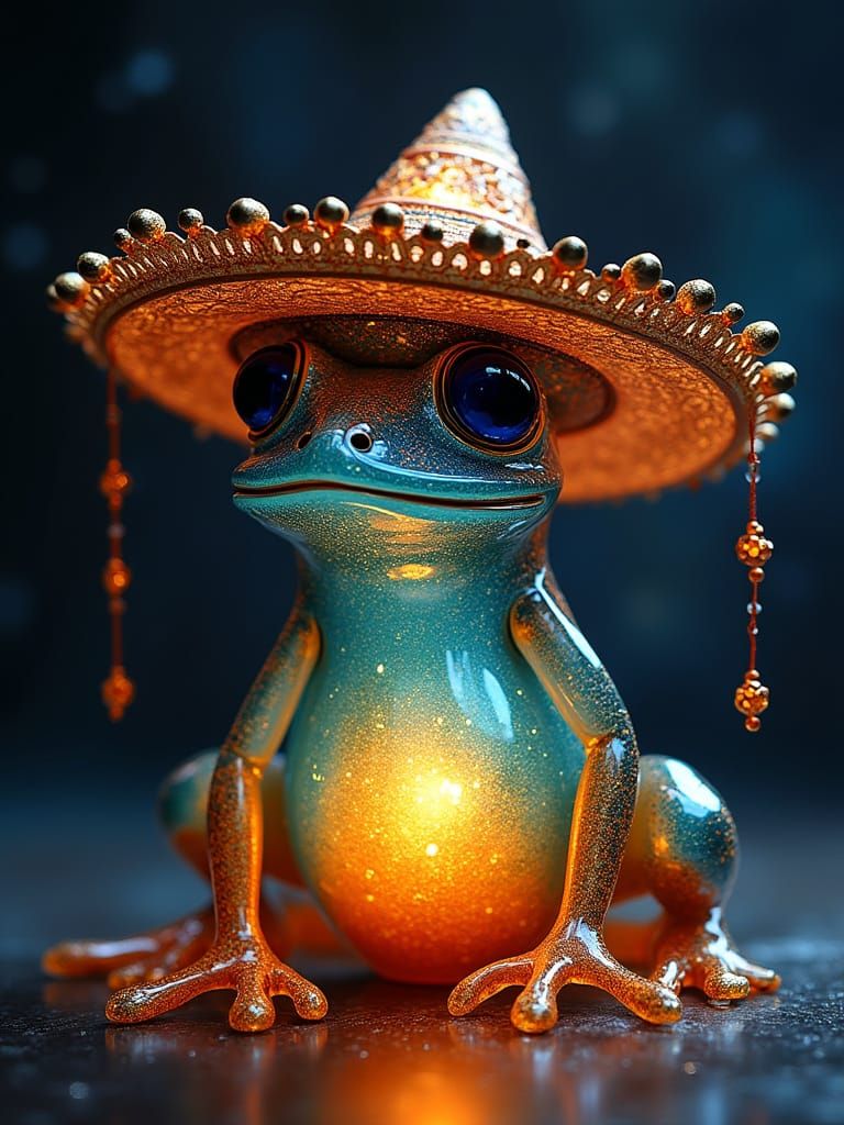 Blown-Glass Toad Wearing Sombrero in Cosmic Setting