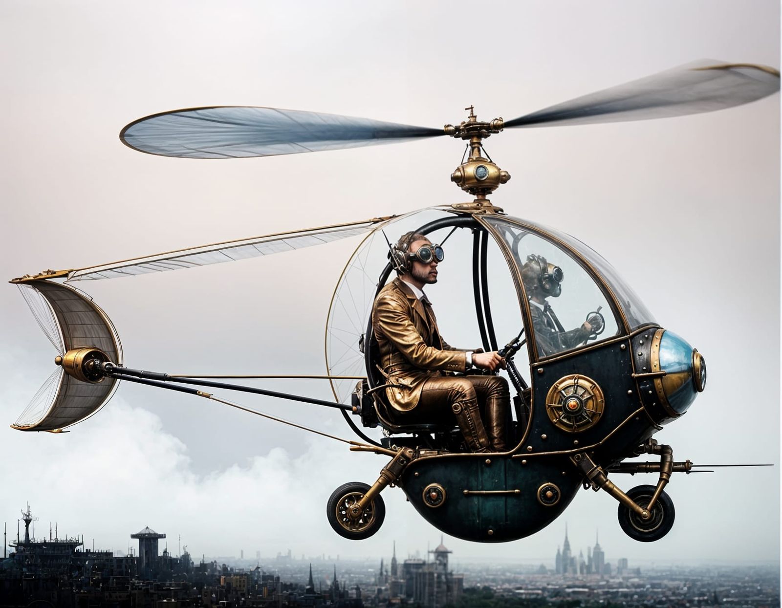 Steampunk Man on Flying Gyrocopter in Comic Style