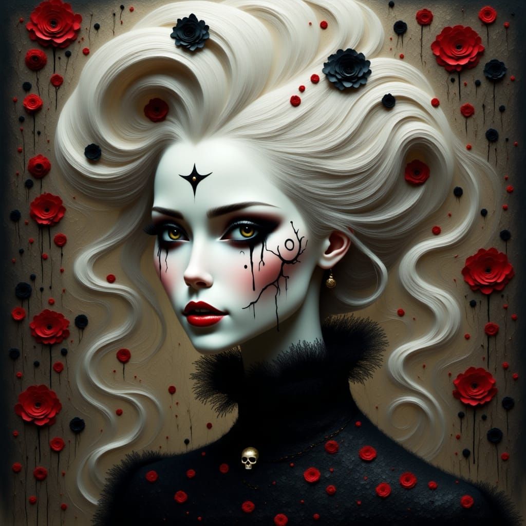 Gothic Woman with Skulls and White Hair