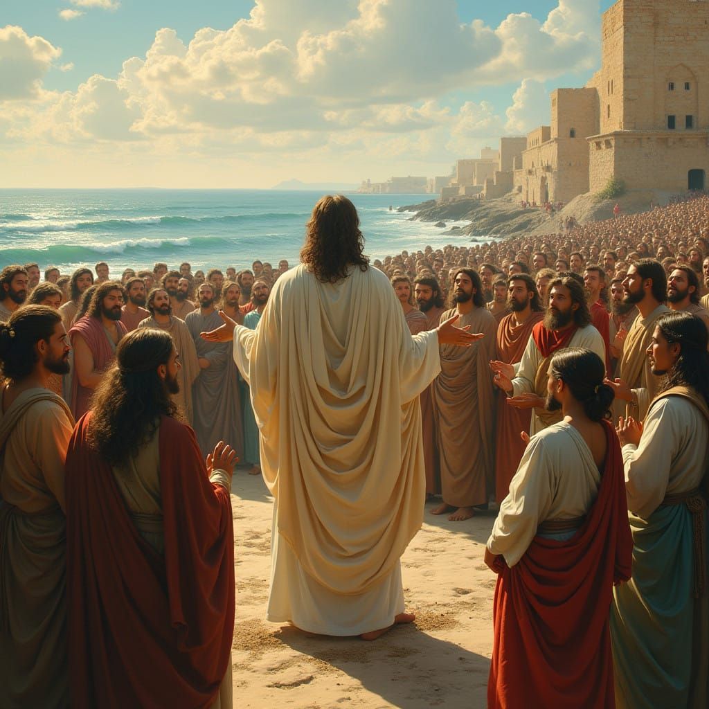 Jesus Preaches to a Diverse Crowd in Ancient Israel