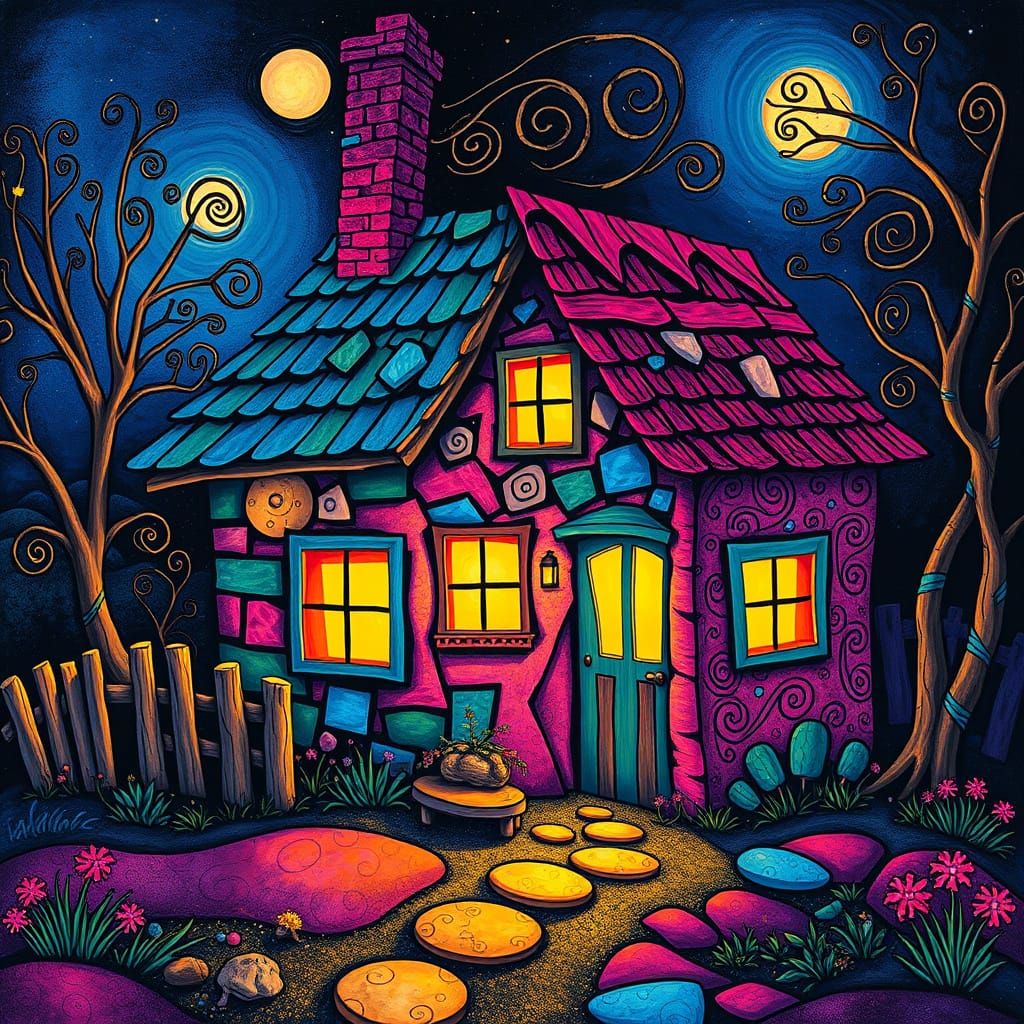 Vibrant Whimsical Cottage Scene in Distorted Cubist Style