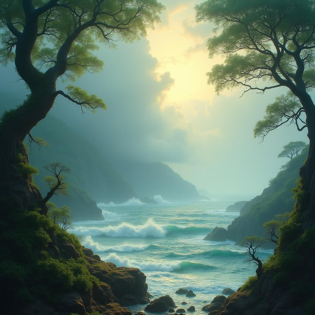 Ethereal Mists Beckon from Emerald Coastline