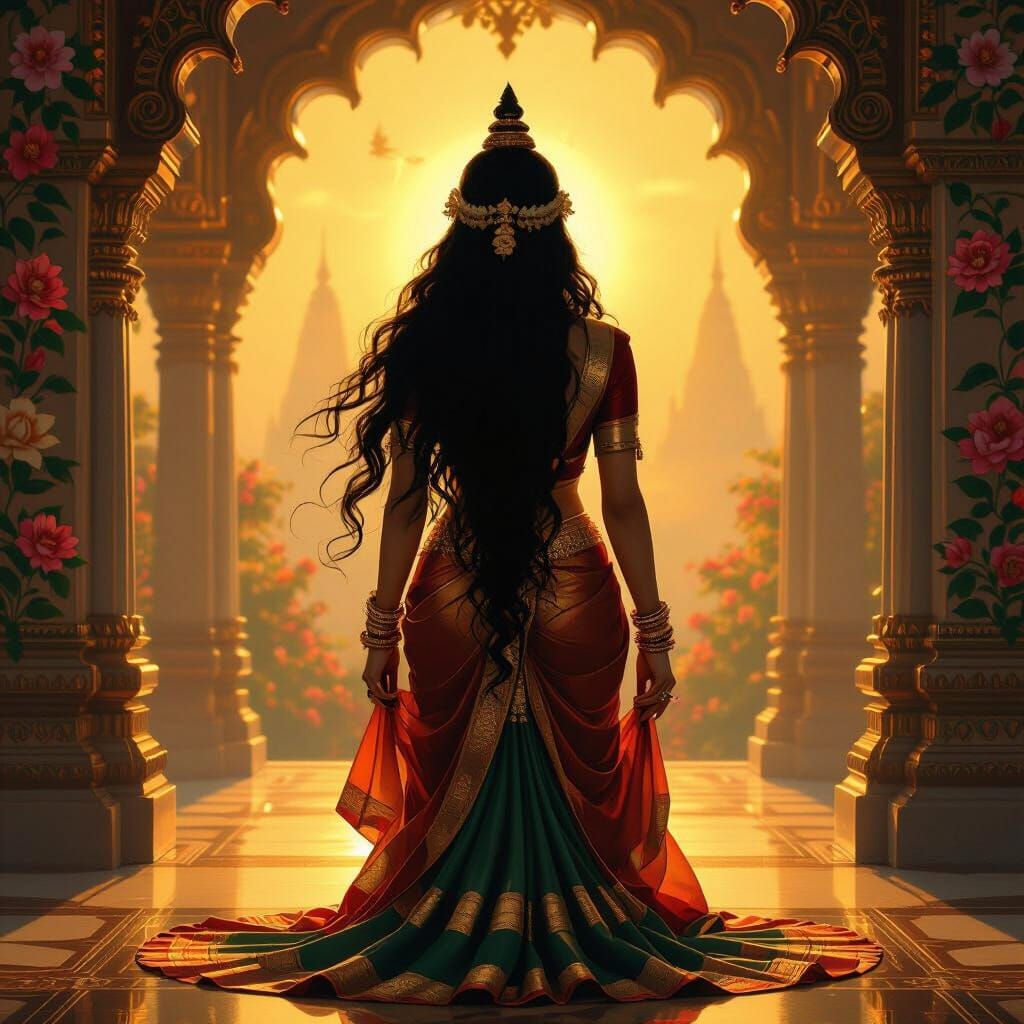 Goddess Lakshmi in Golden Hour Glow, Oil Painting Style