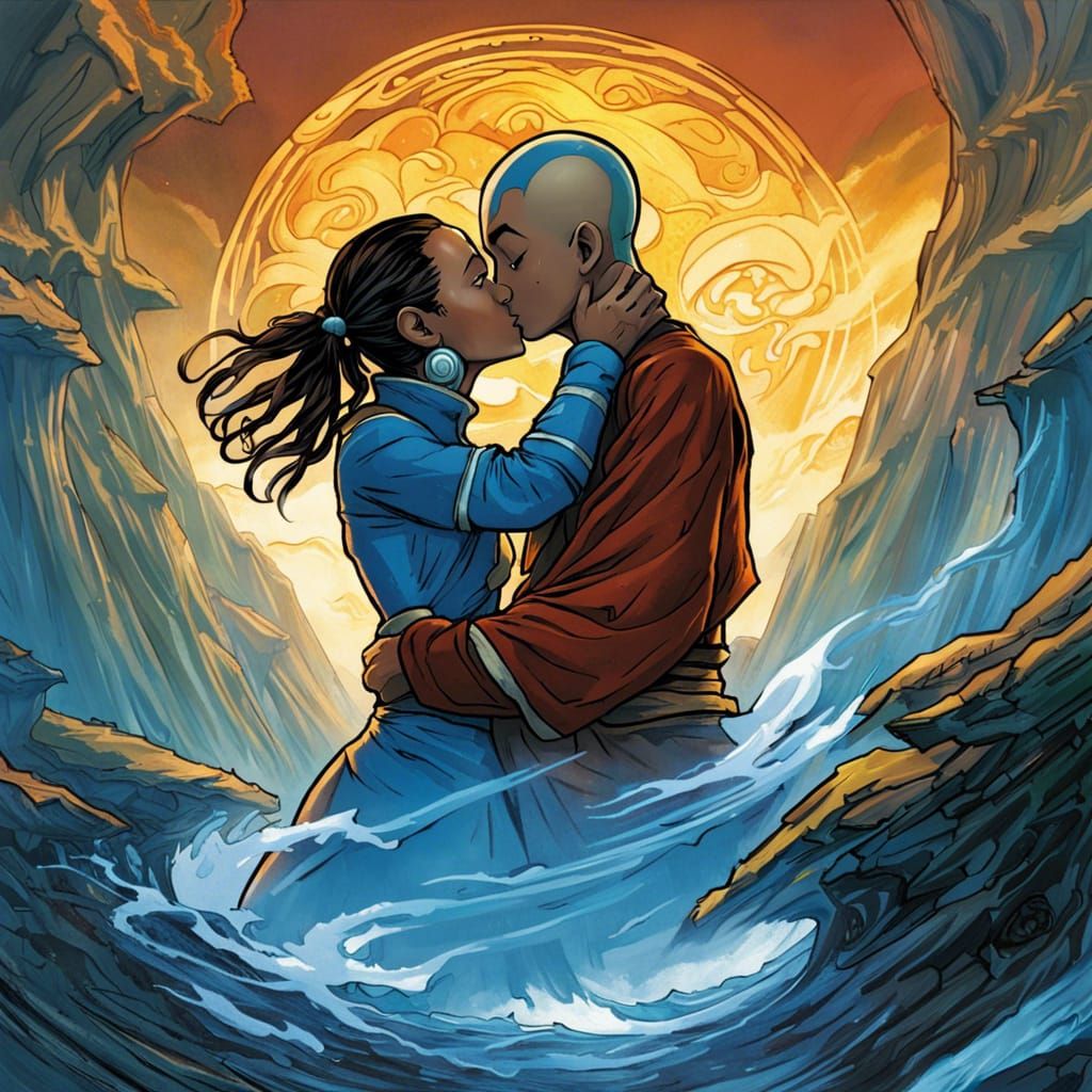 Avatar Aang and Katara Kiss: Comic Book Art