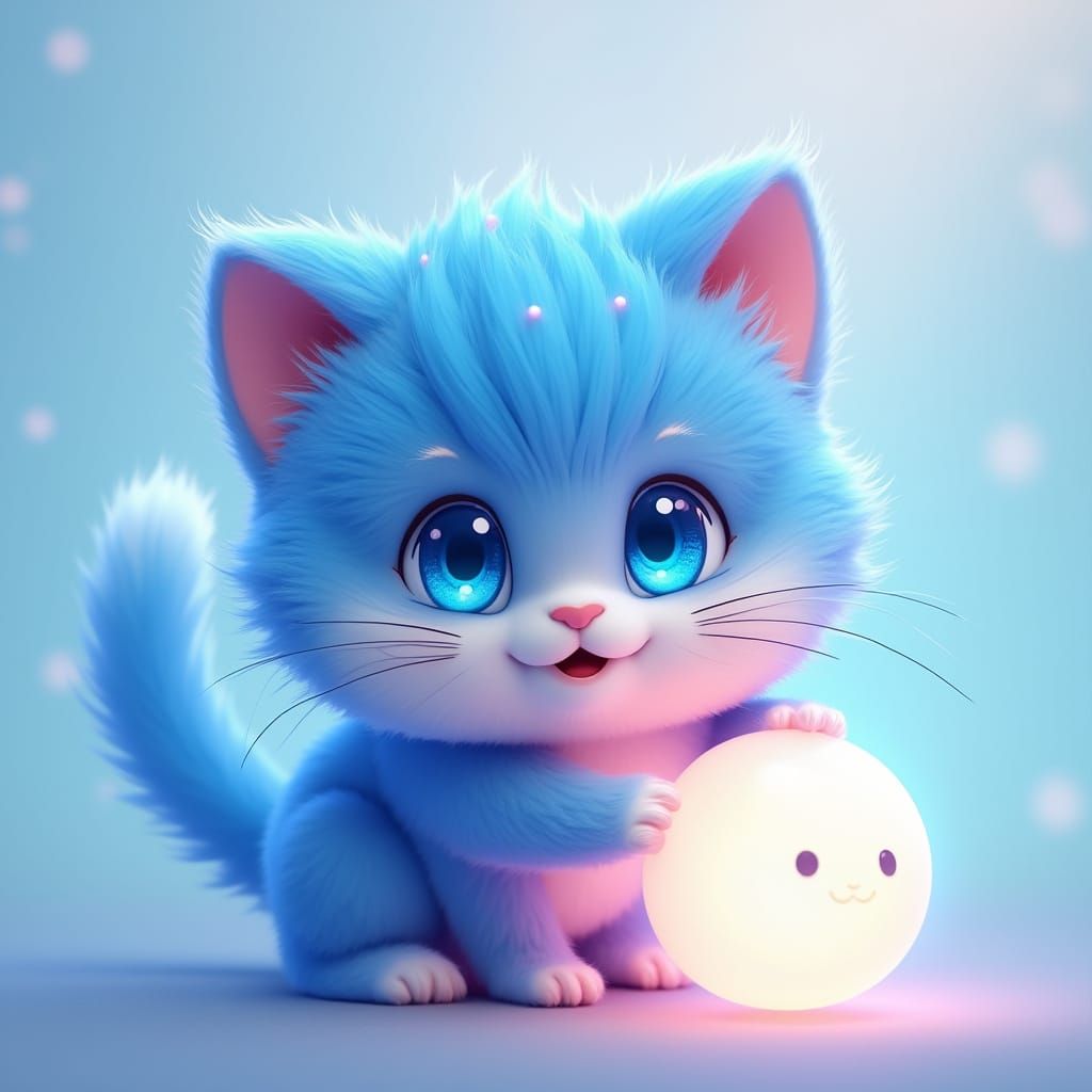 Surreal Blue Cat Plays with Glowing Orb in Whimsical 3D Anim...