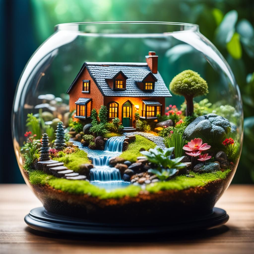 Hyperrealistic Miniature Terrarium with House and Garden