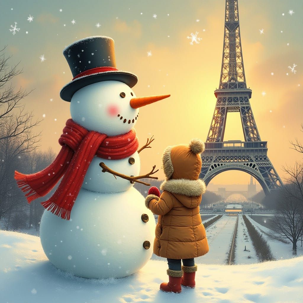 Whimsical Snowman Couple Gaze at Eiffel Tower under Golden S...