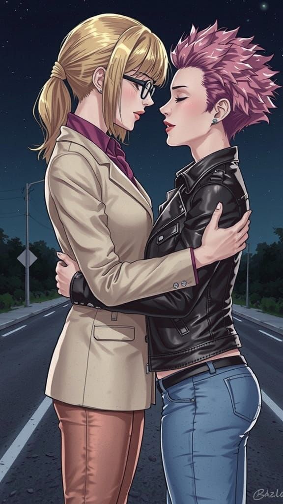 Manga Art: Women Embracing on Deserted Road
