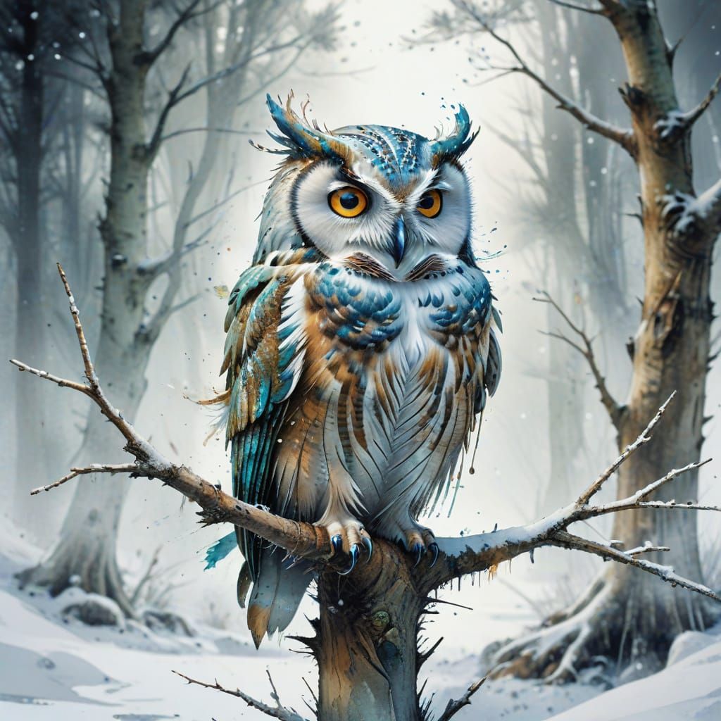 Whimsical Watercolour Owl in Winter Landscape
