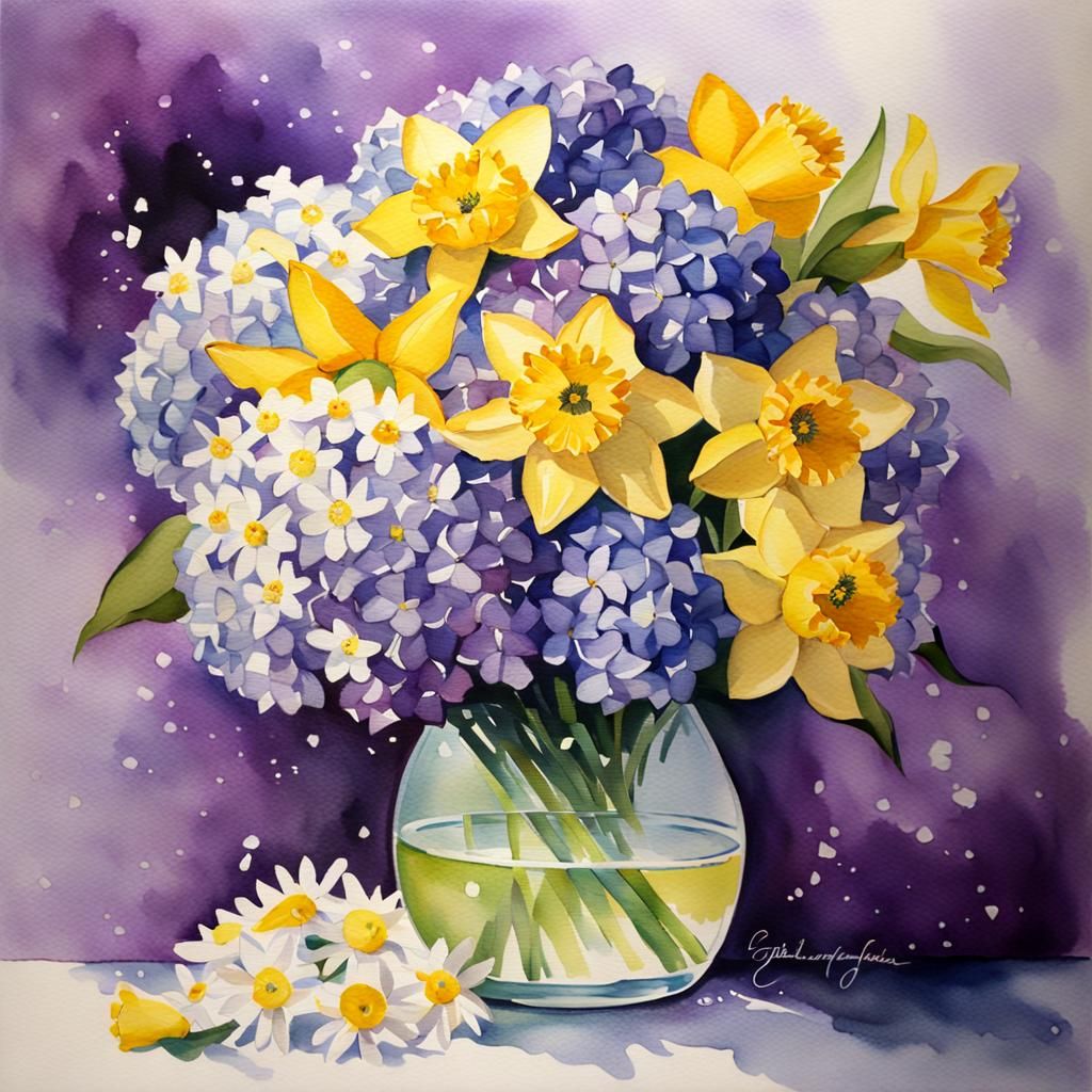 Watercolor Floral Arrangement in Glass Vase