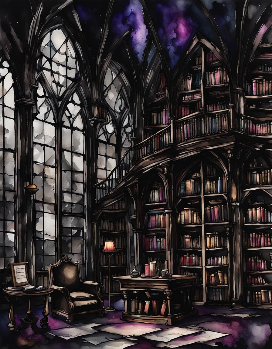 Gothic Library in Dark Academia Alcohol-Ink Style