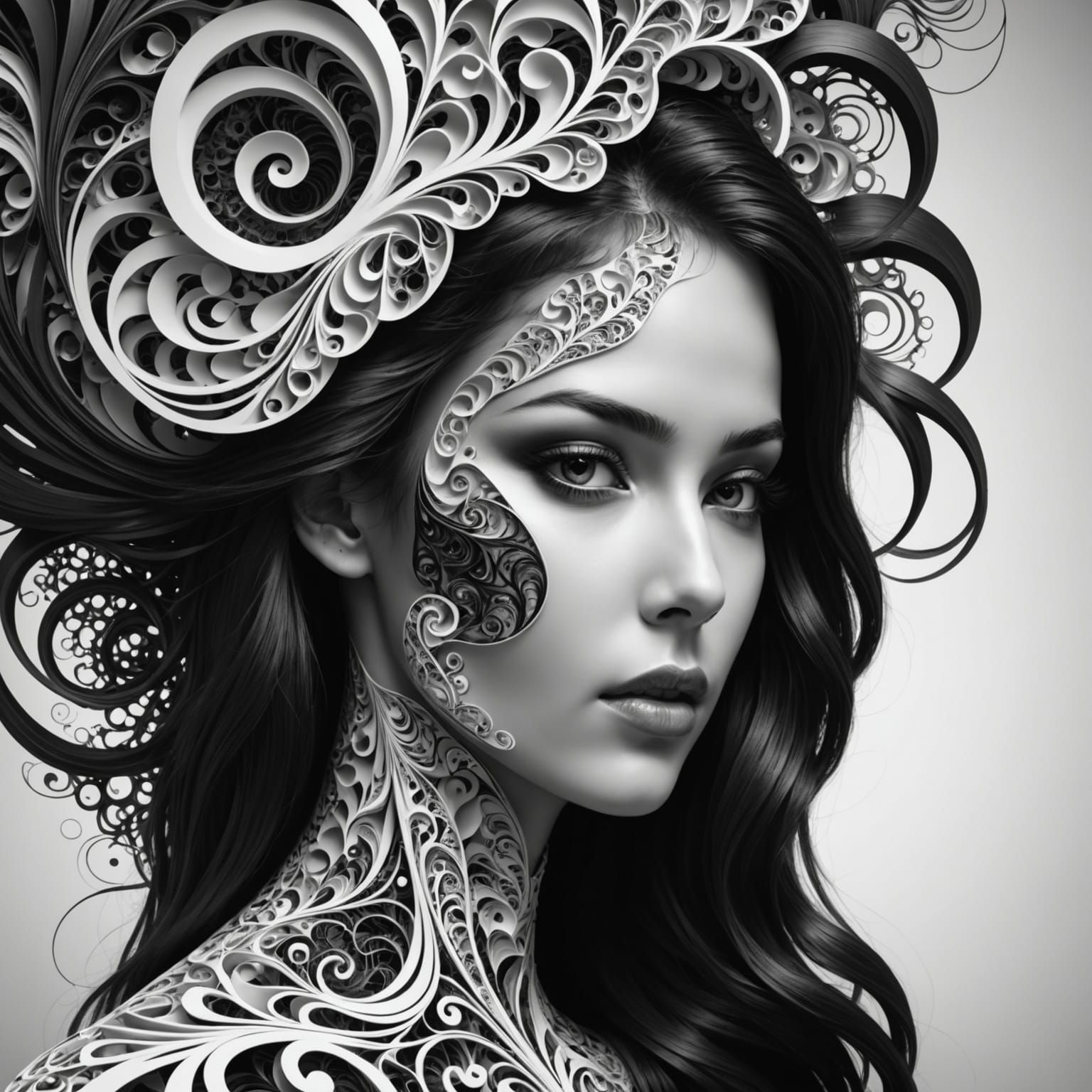 Biracial Woman Portrait with Abstract Vector Fractal Element...