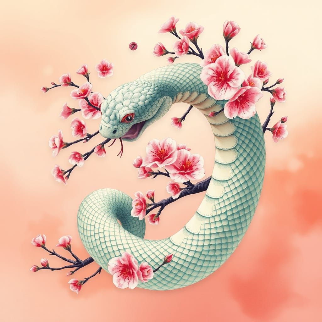 Snake Coils Around Cherry Blossom Branch in Dreamy Anime Sty...