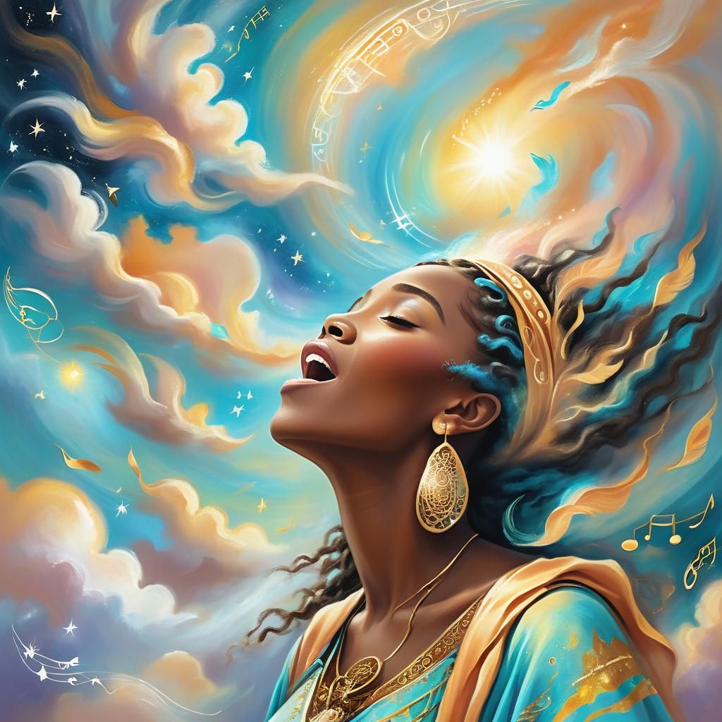 Oracle of Gaia Singing to the Galaxy as Oil Painting