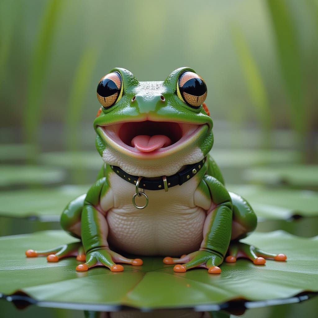 Shocked Frog on Lily Pad in Hyperrealistic Style