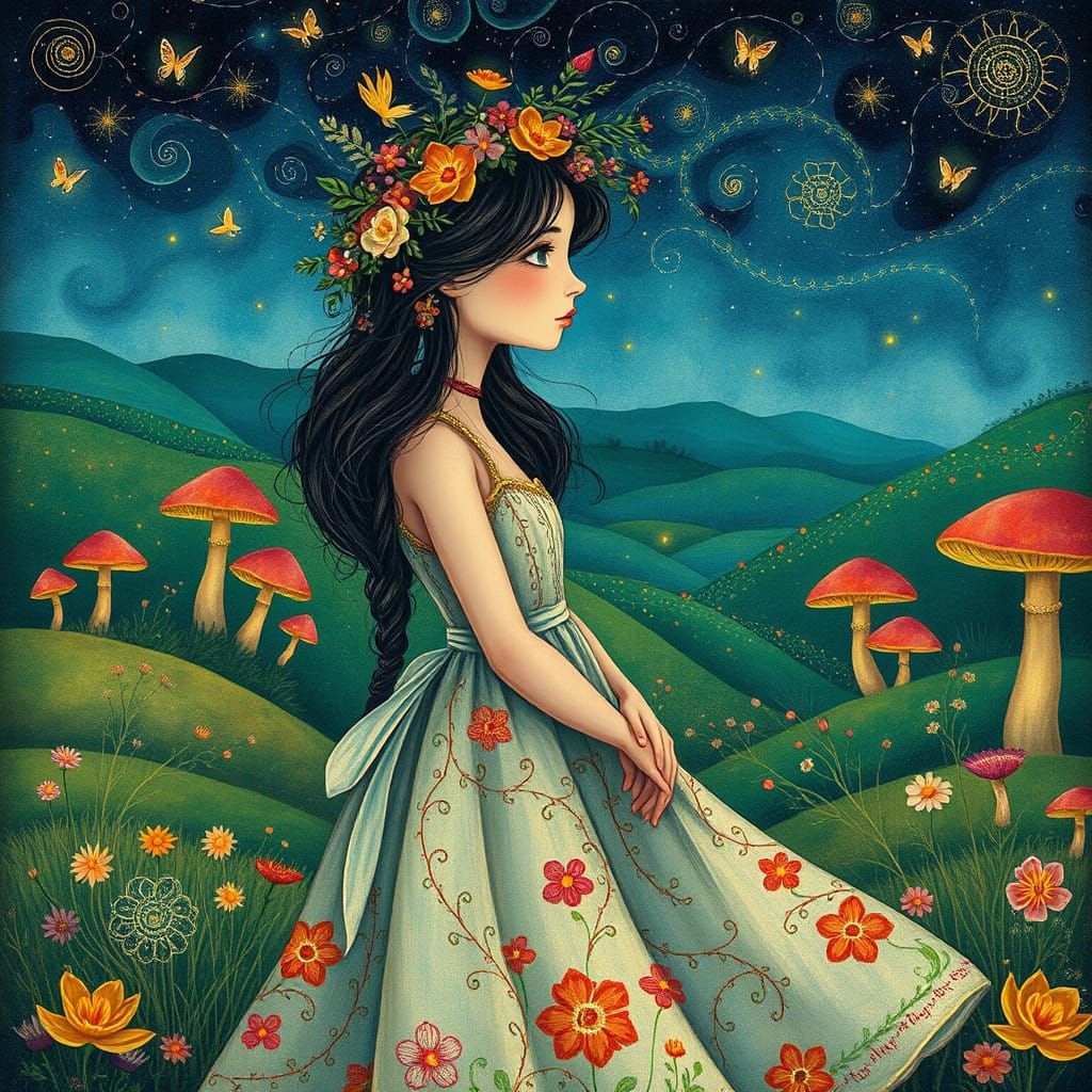 Whimsical Woman Lost in Enchanted Forest