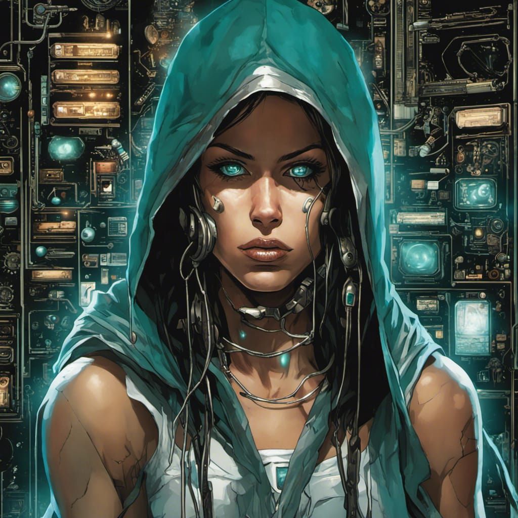 Cyberpunk Woman in Sci-Fi Lab: Comic Book Art