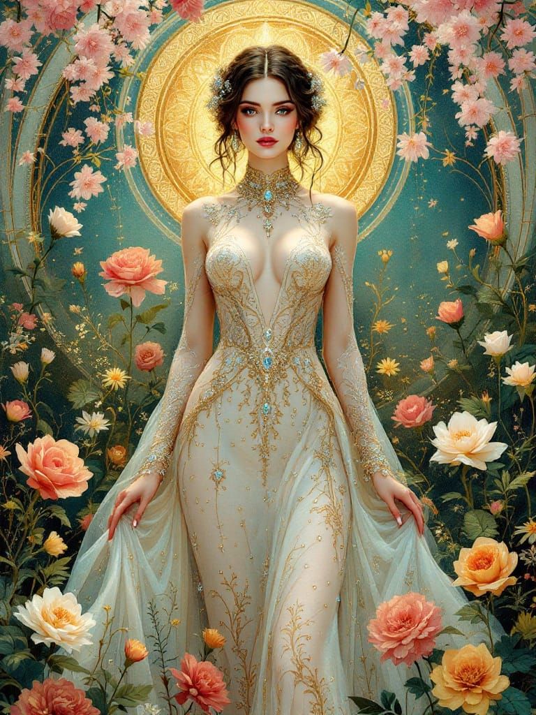 Majestic Garden Maiden in Gustav Klimt Style