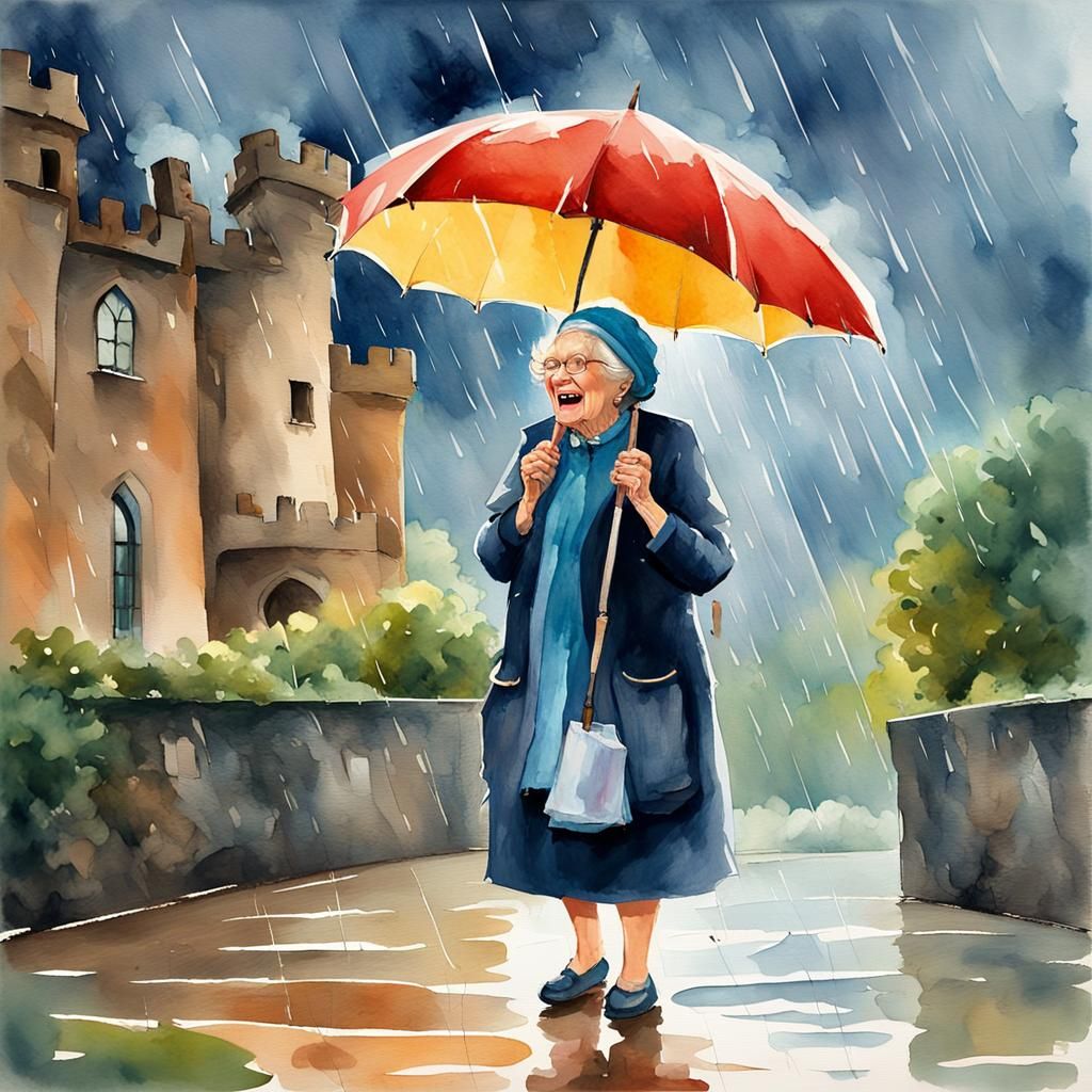 Laughing Woman in Rain, Watercolor Gouache Style