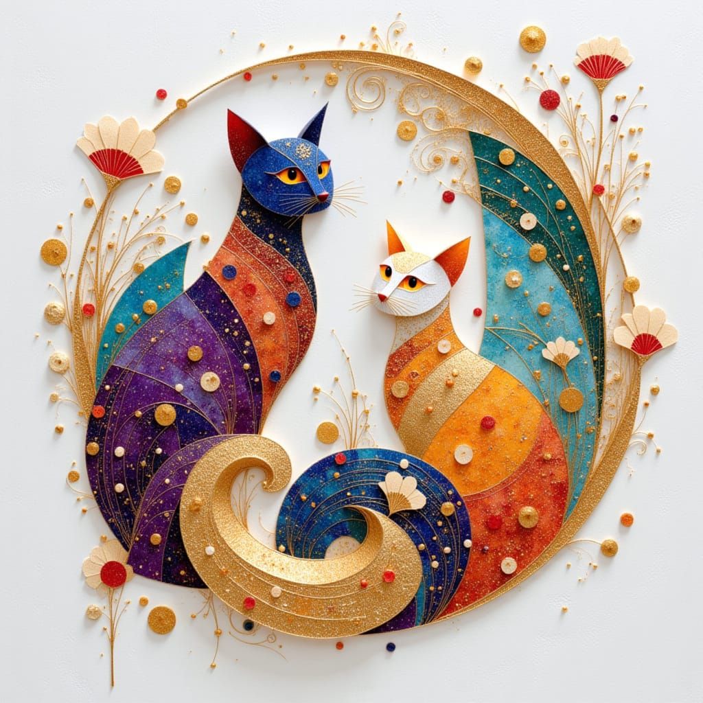 Sculpted Cats in Klimt Style with Kirigami Lace Filigree
