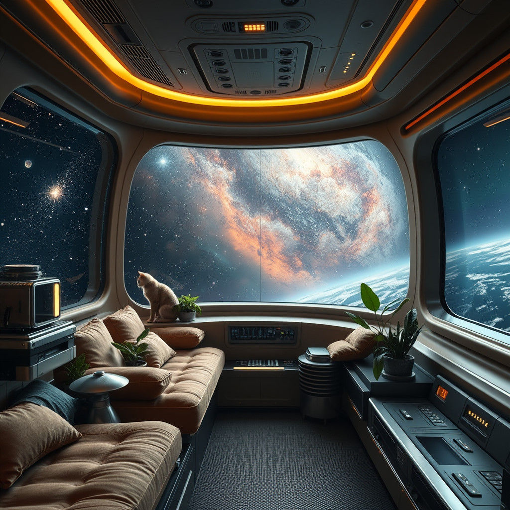 Luxury Space Station Interior with Galaxy View