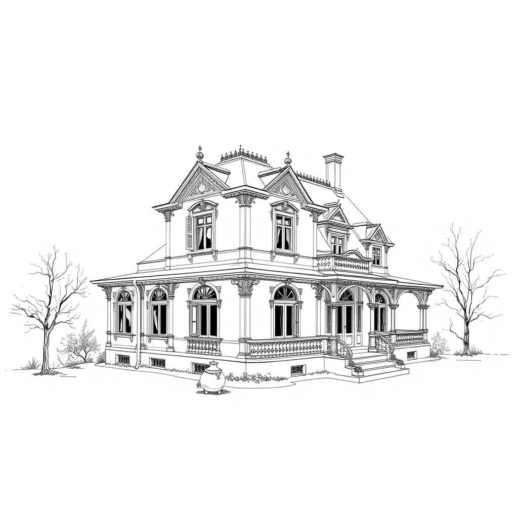 Miniature Rococo Hunting Lodge Architectural Drawing in Buda...