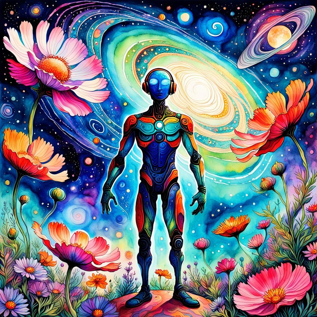Martian Figure Beside Astral Blooms in Watercolor Cosmos