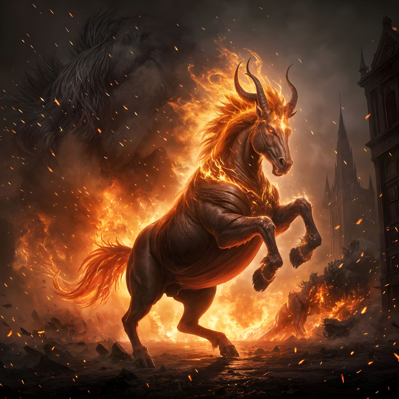 Demonic Fire Horse Leaps Through Burning Cityscape