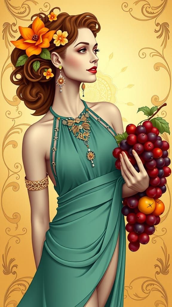 Elegant Woman in Art Nouveau Style Holding Grapes