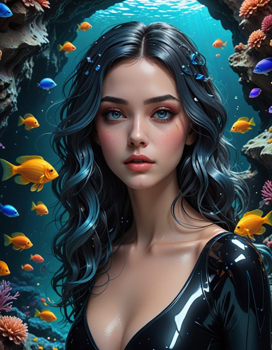 Stunning Woman in Underwater Cave, 3D Manga Anime Style