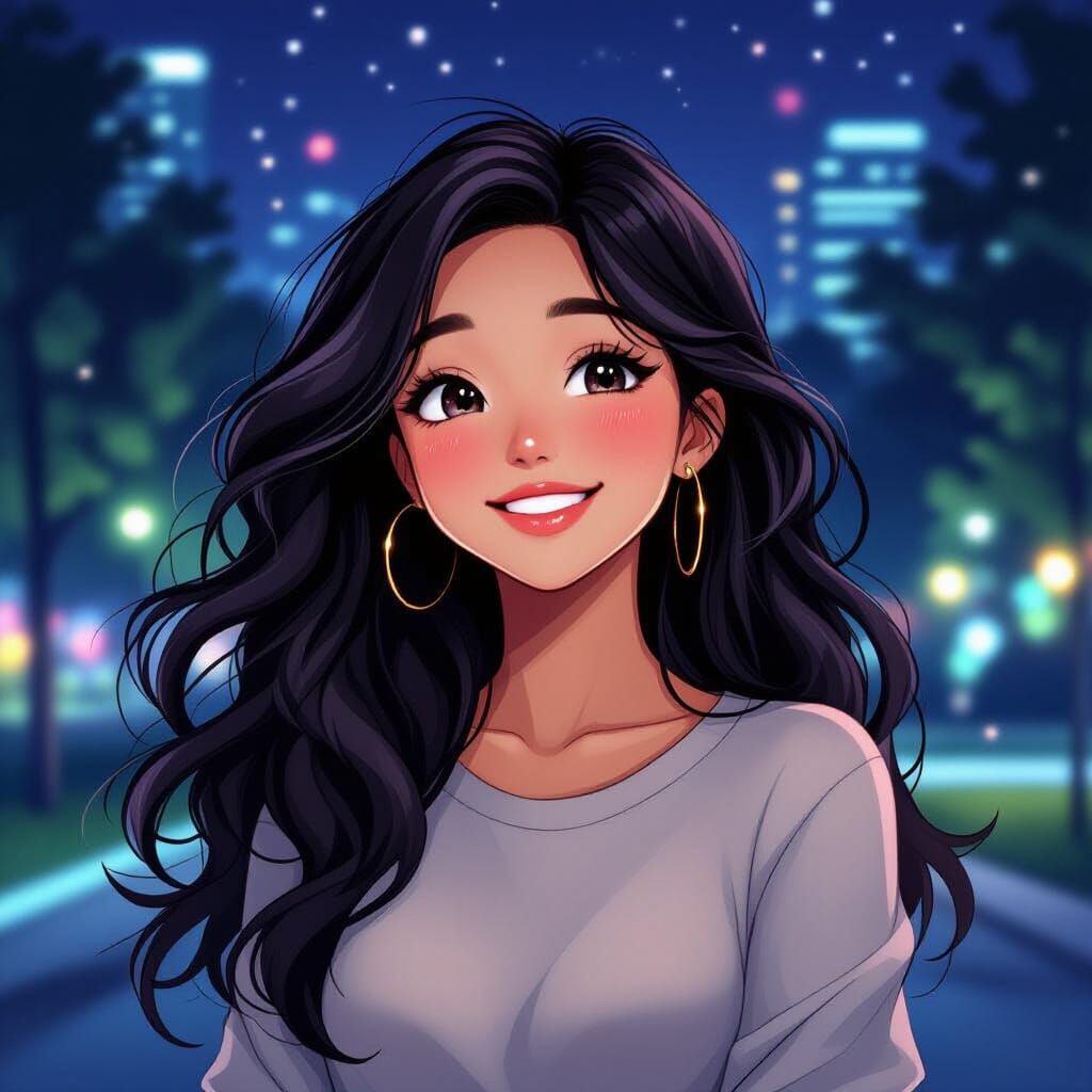 Anime Manga Style Woman in Futuristic Park at Night