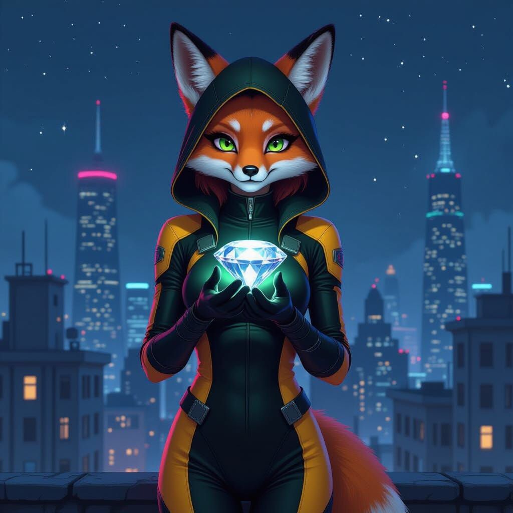 Futuristic Fox Humanoid on Rooftop, Dystopian Art