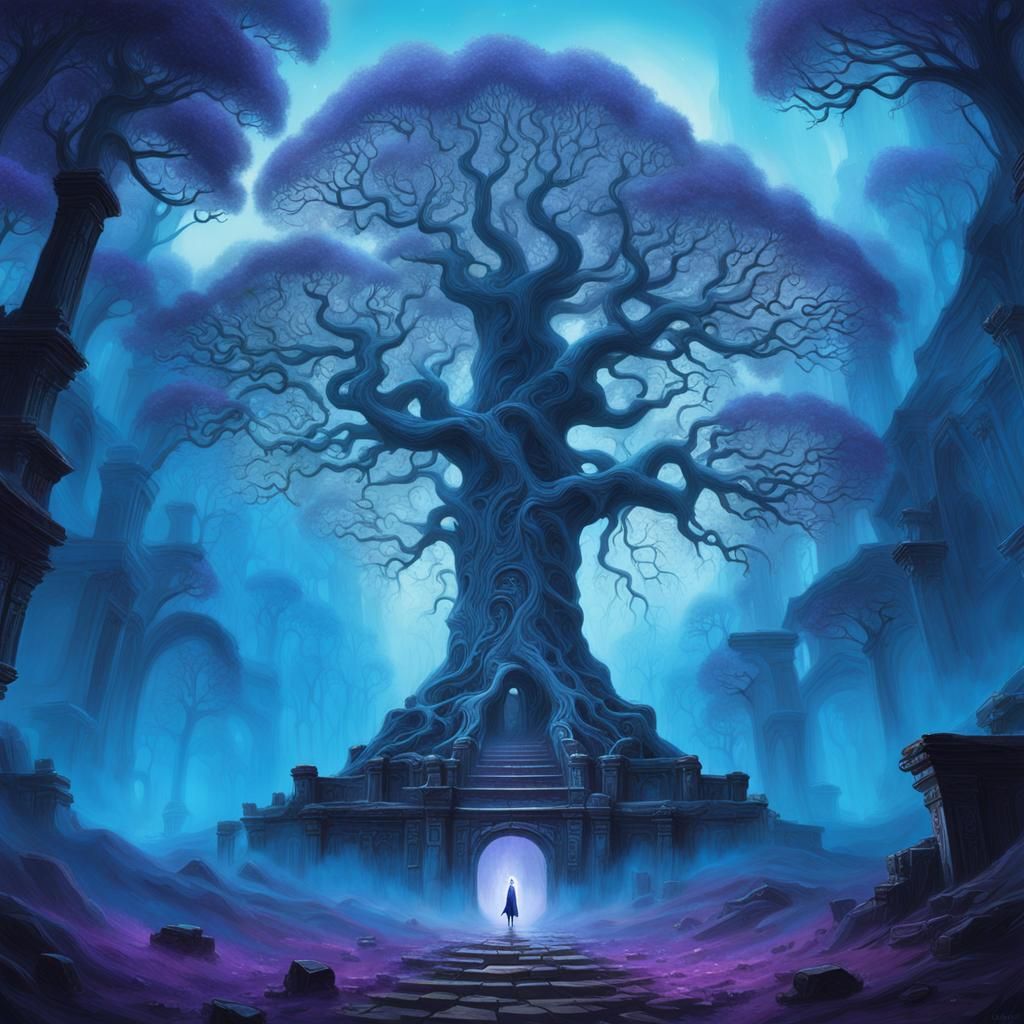 Ethereal Tree in Mystical Forest Ruins