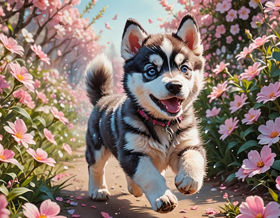 Husky Puppy's Whimsical Run Through Pink Flowers