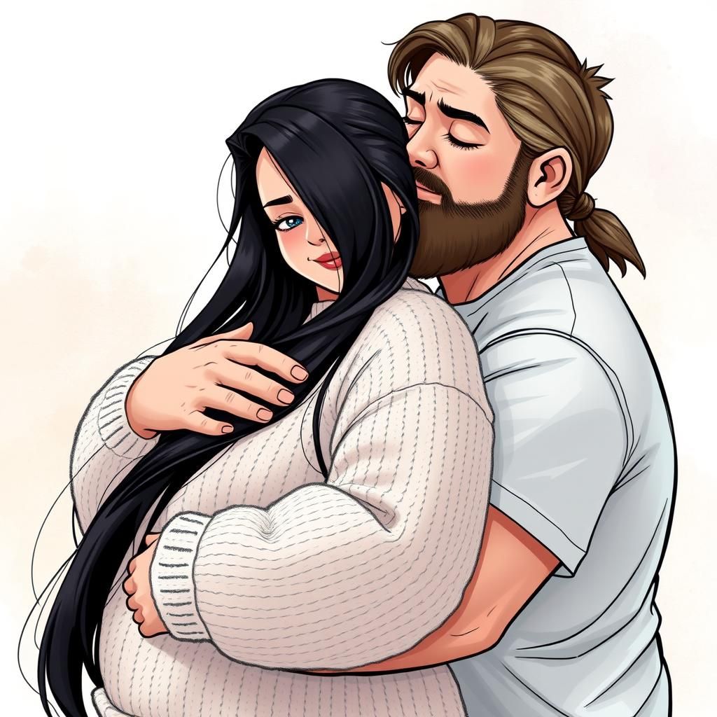Plus-Size Couple Embraced in Warm, Watercolour-Inspired Love...