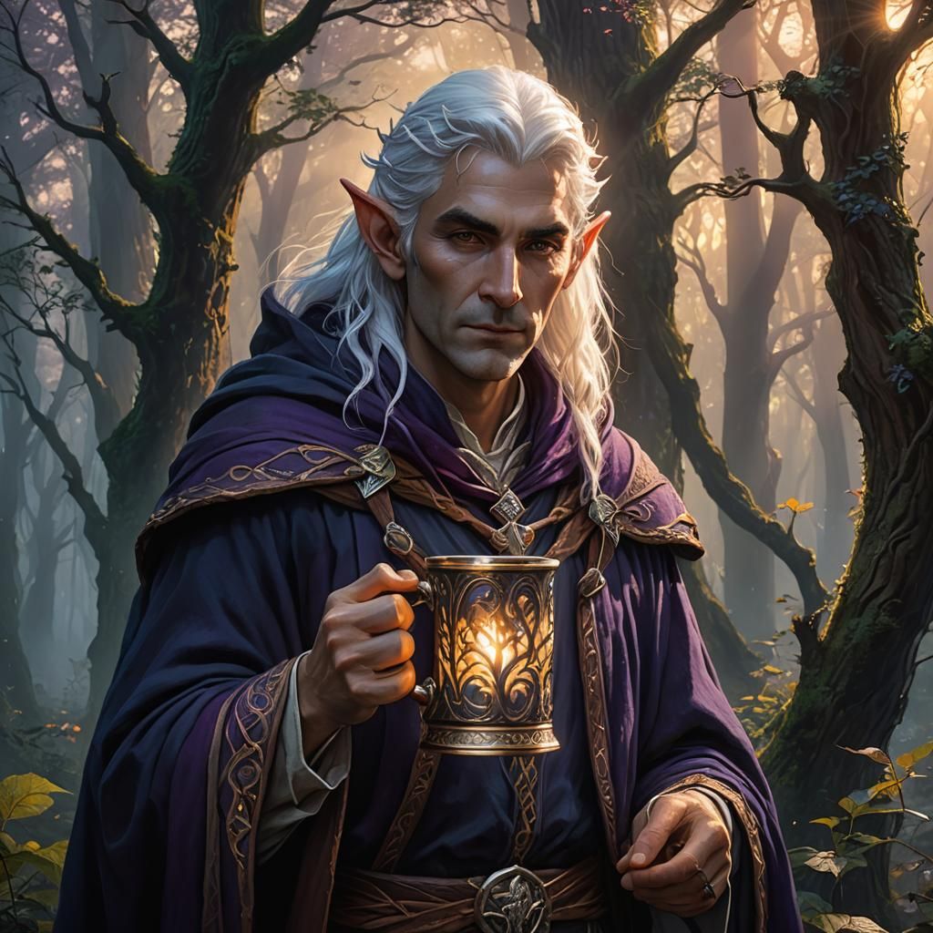 Wood Elf Druid in Misty Forest, Digital Art