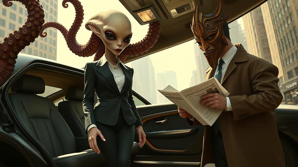 Alien Businesswoman and Tentacle Limo, Surreal Art